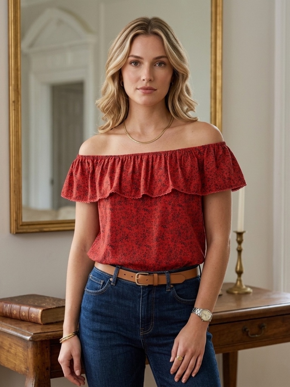 Aritzia Wilfred Promener Blouse Red Black Floral Ruffle Off The Shoulder Boho